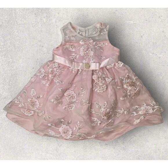 Rare Editions Toddler Girl 18M Pink Dress White Tulle Embroidered Sequins Layers - Picture 1 of 11